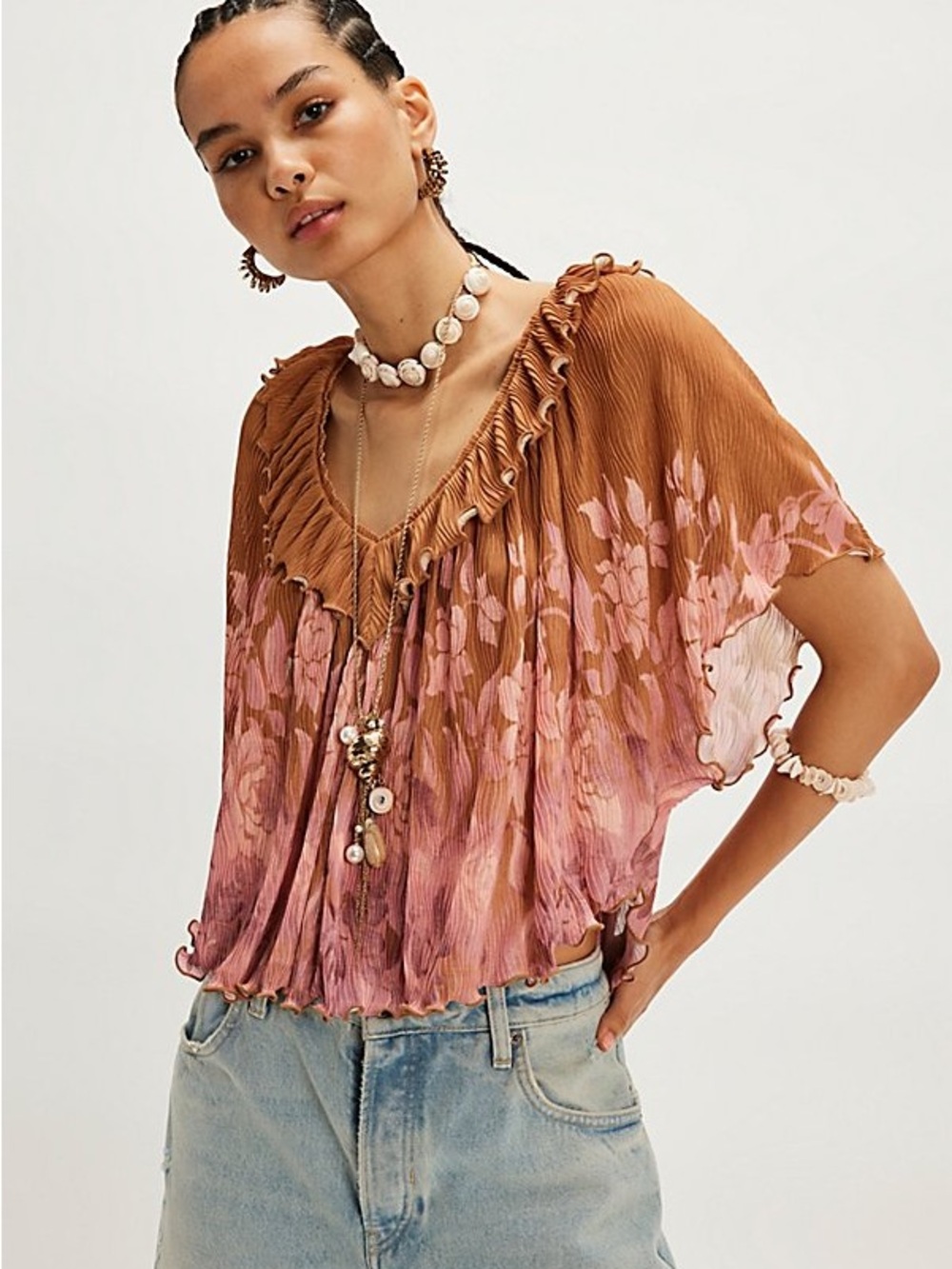 EUC Free People Flora Cape Top with Lettuce Edges Hot Honey Combo Pink and Brown